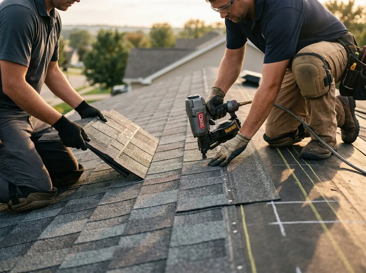 Professional roofer working on a residential roof in Clairton